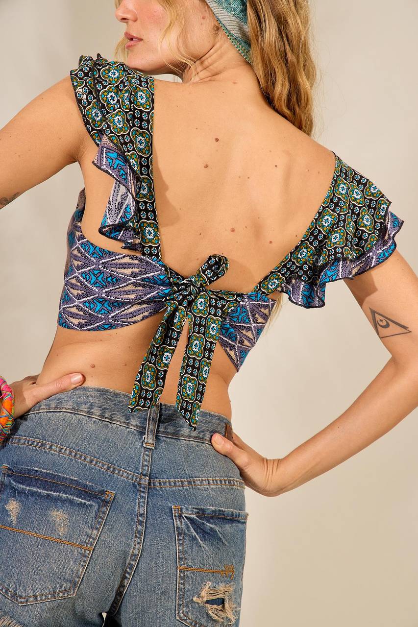 Cropped De Amarração Nas Costas Verde Estampado Yacamim F14