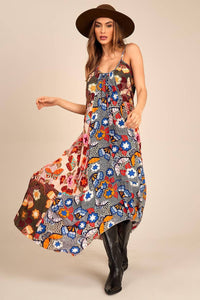 Yacamim D27 Printed Patchwork Long Dress with Adjustable Straps