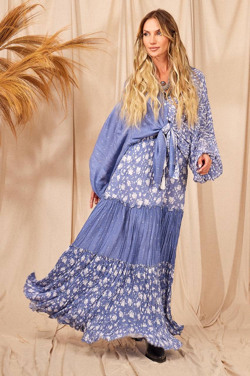 Yacamim E14 Blue Patchwork Loose Blouse with Puffy Long Sleeves
