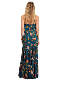 Yacamim Printed Blue Long Dress with Adjustable Straps and Ruffles