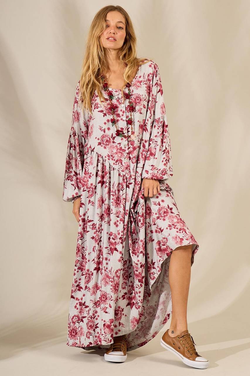 Long Dress with Asymmetrical Cut Gray Burgundy Floral Print Yacamim
