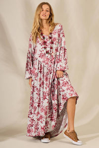 Long Dress with Asymmetrical Cut Gray Burgundy Floral Print Yacamim