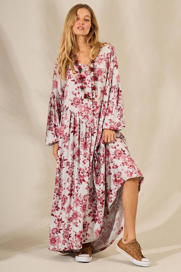 Long Dress with Asymmetrical Cut Gray Burgundy Floral Print Yacamim