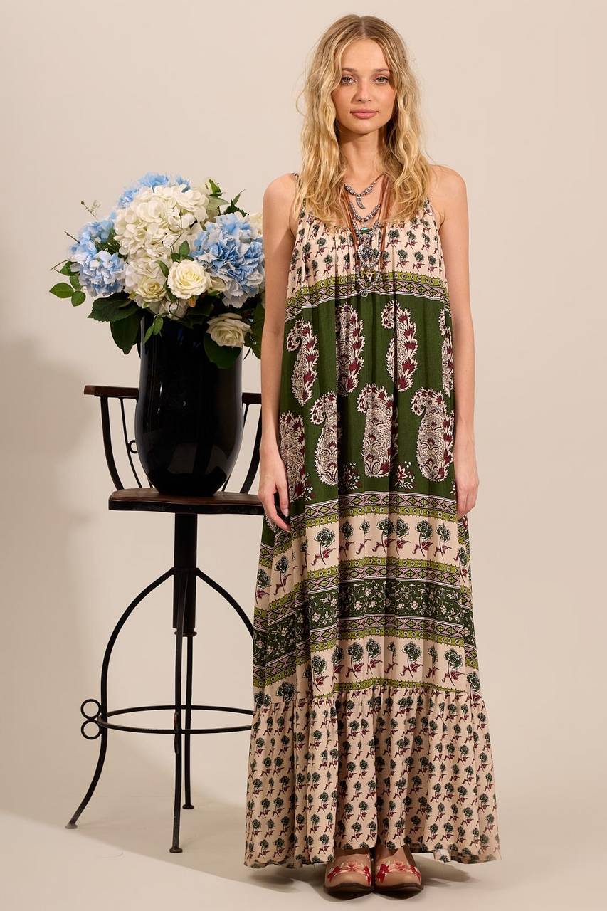 Yacamim Printed Green Strappy Long Dress