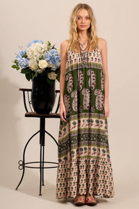 Yacamim Printed Green Strappy Long Dress