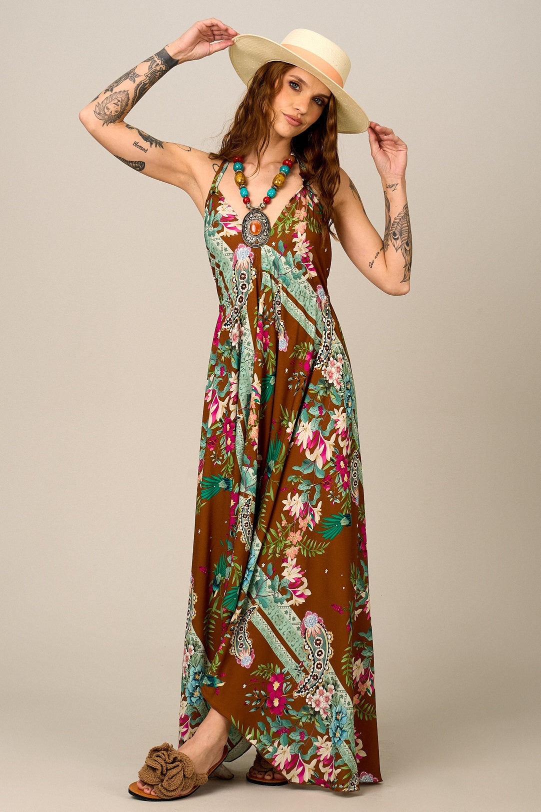 Yacamim Paisley Print Brown Halter Maxi Dress E9
