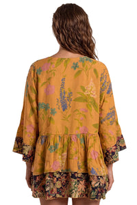 Bata Ampla Com Decote Em Babado Sobreposto Laranja Patchwork Yacamim B25