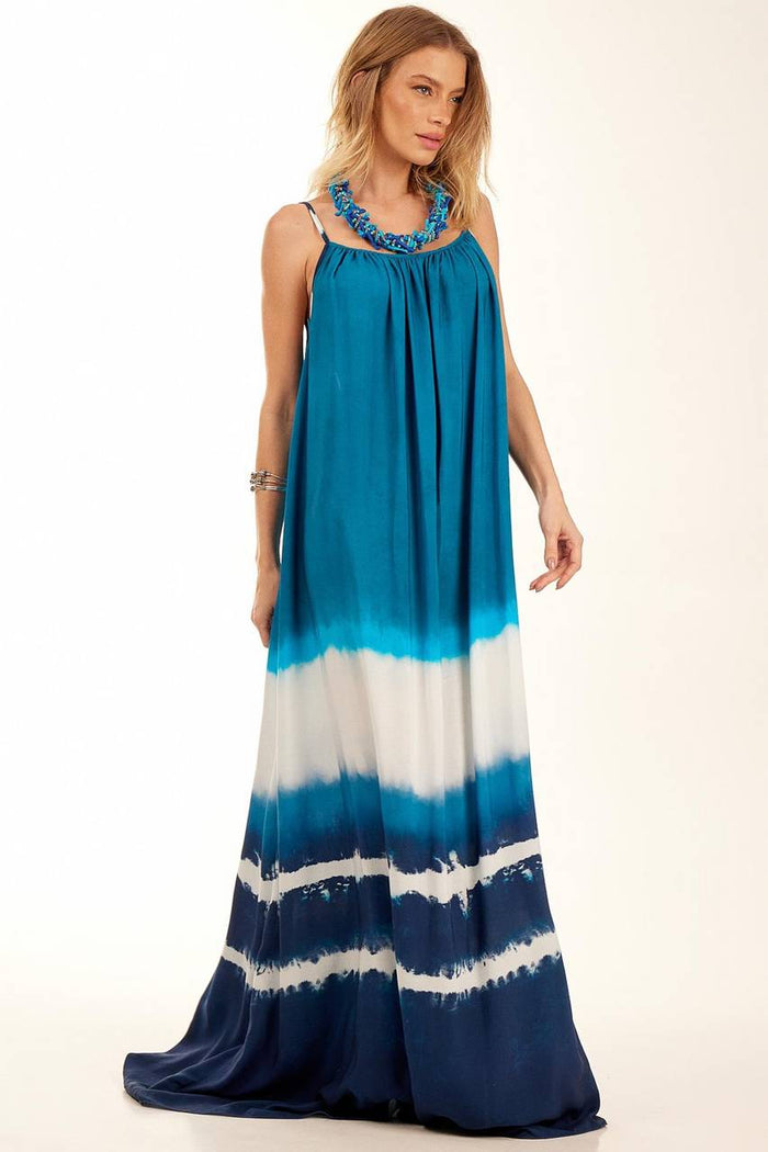 Yacamim Open Back Loose Fit Long Dress Blue Tie Dye Print