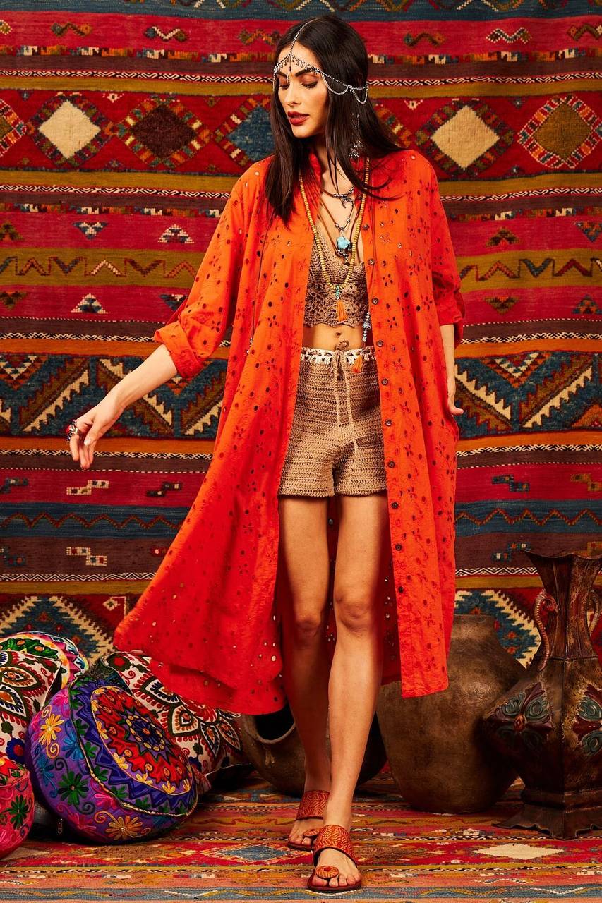 Yacamim Orange Broderie Folded Sleeve Midi Shirt Dress