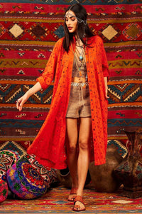 Yacamim Orange Broderie Folded Sleeve Midi Shirt Dress