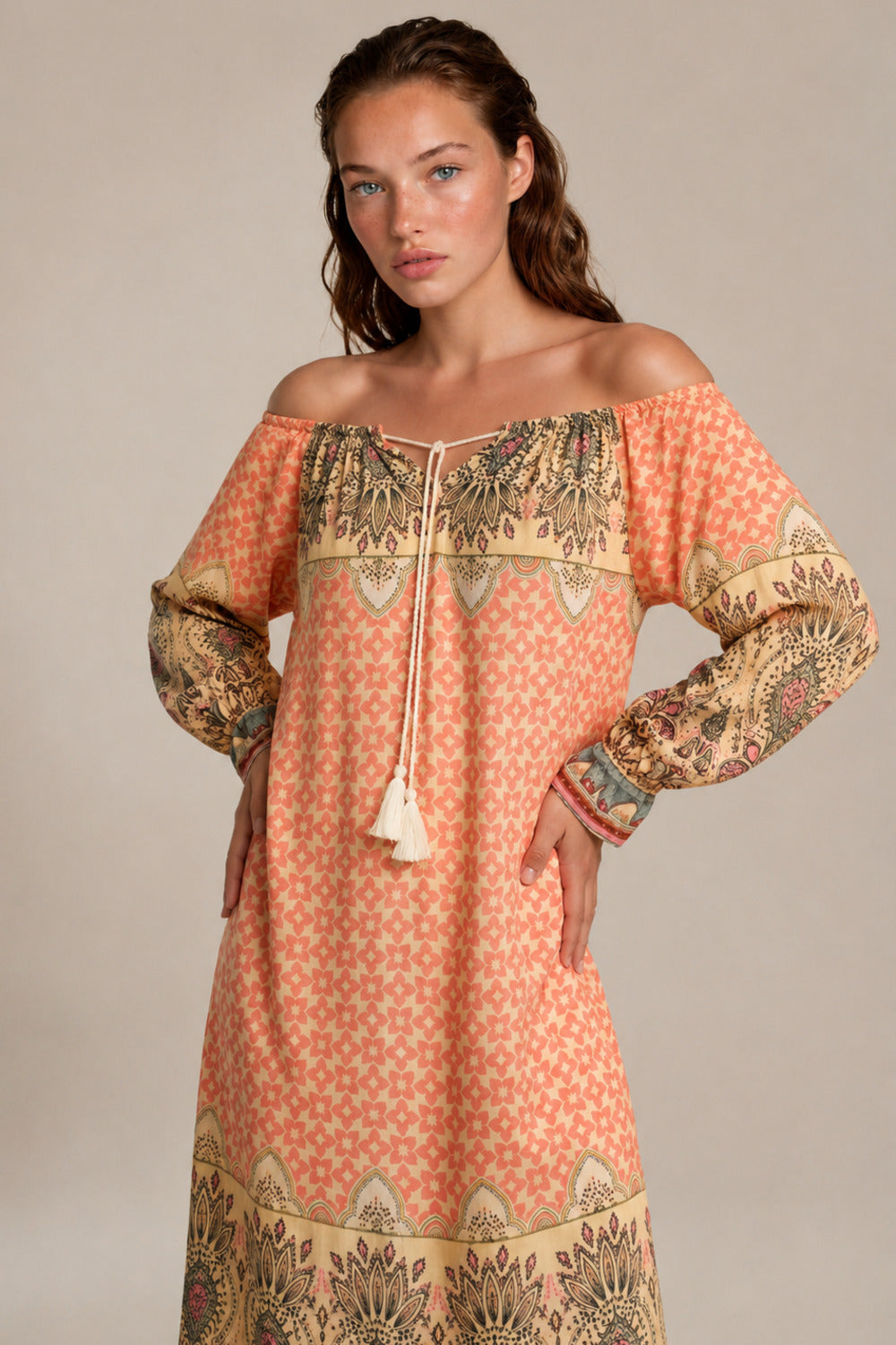 Vestido Longo Ciganinha Salmão Estampado Yacamim E15