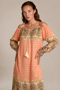 Vestido Longo Ciganinha Salmão Estampado Yacamim E15