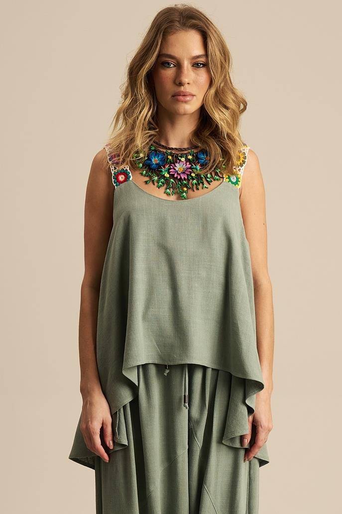 Yacamim Women's Green Linen Cropped Tank Top with Crochet Straps A12