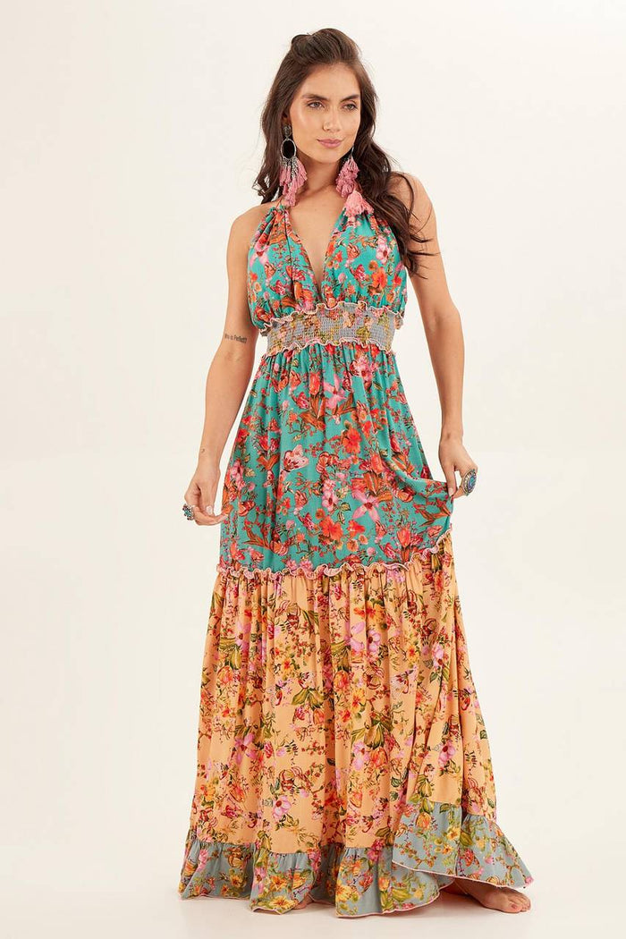 Yacamim Orange Patchwork Halter Maxi Dress