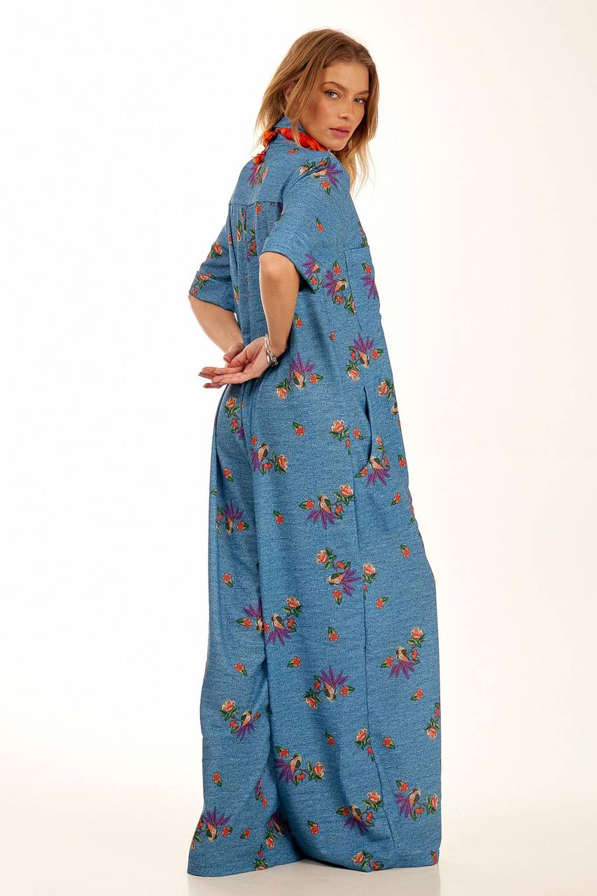 Yacamim Blue Printed Polyester Palazzo Jumpsuit with Short Sleeves