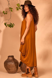Yacamim Orange Sleeveless Midi Dress with Pockets