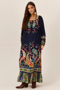 Yacamim E18 Navy Blue Paisley Print Off-The-Shoulder Maxi Dress