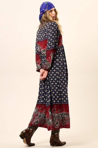 Long Blue and Red Printed Yacamim Dress with Puff Long Sleeves