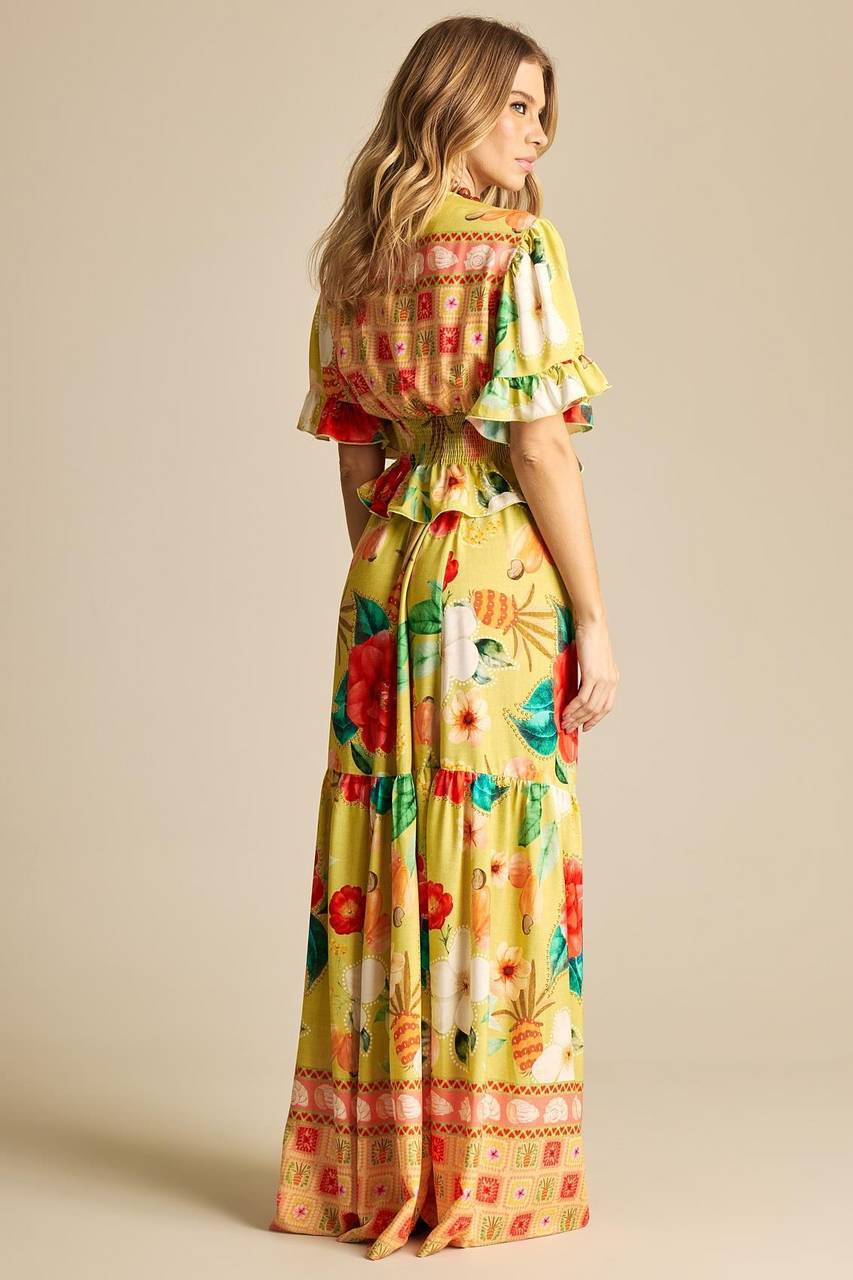 Yacamim A7 Long Skirt with Elastic Waistband, Yellow Print