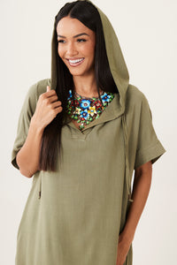 Yacamim Olive Green Viscose Linen Hooded Midi Dress E1