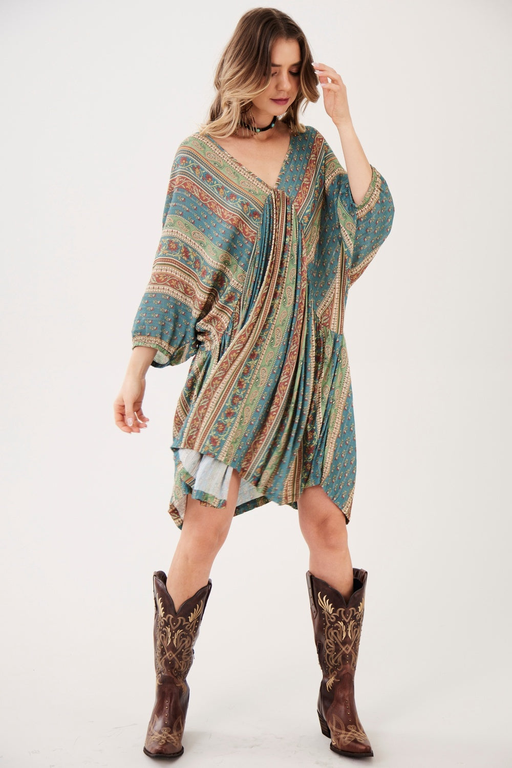 Yacamim Women's Short V-Neck Striped Green Printed Dress C7