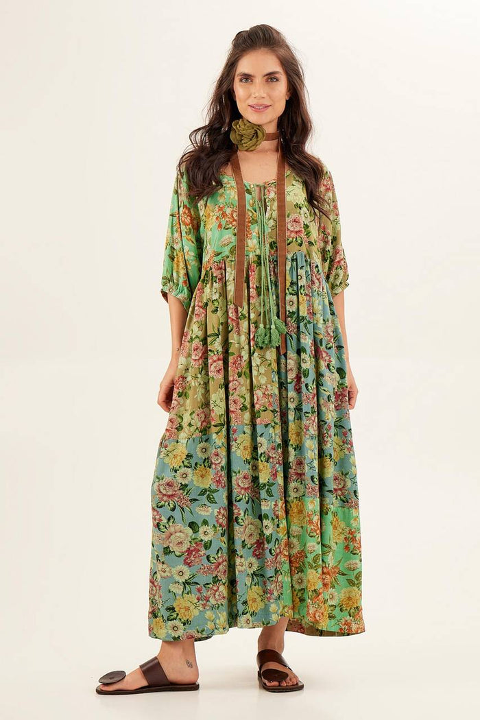 Yacamim Green Patchwork 3/4 Sleeve Midi Dress