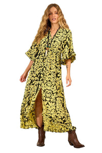 Yacamim C1 Printed Green Long Dress With 3/4 Wide Sleeves