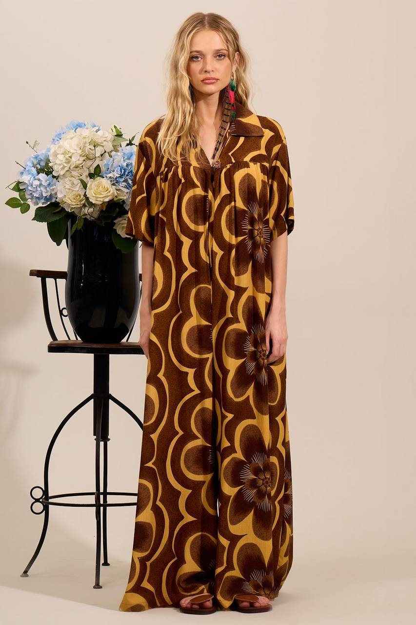 Yacamim Brown Printed V-Neck Wide-Leg Jumpsuit