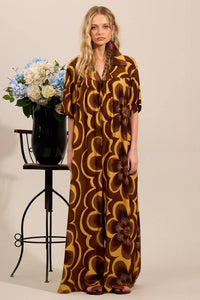 Yacamim Brown Printed V-Neck Wide-Leg Jumpsuit