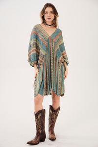 Yacamim Women's Short V-Neck Striped Green Printed Dress C7