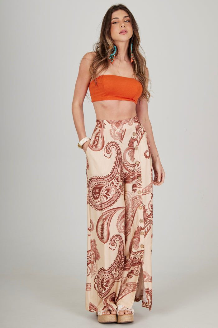 Yacamim A36 Beige Paisley Print Wide-Leg Pants