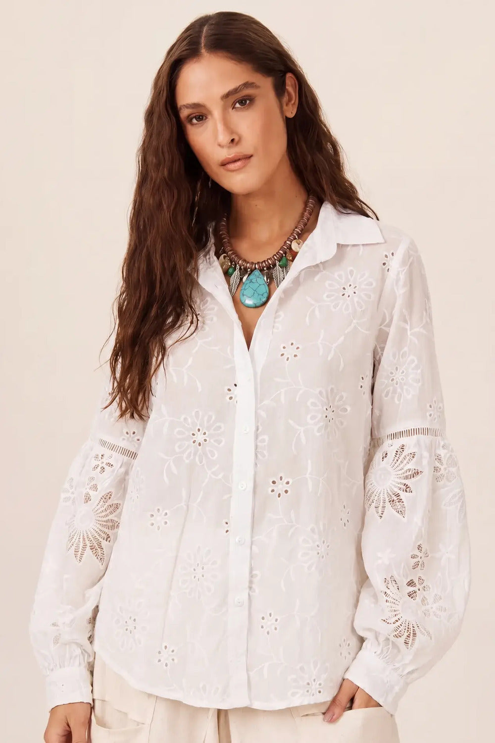 Camisa Broderie Com Entremeios Branca Yacamim A9