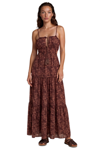 Vestido Longo Costas Abertas Marrom Escuro Estampado Yacamim D2
