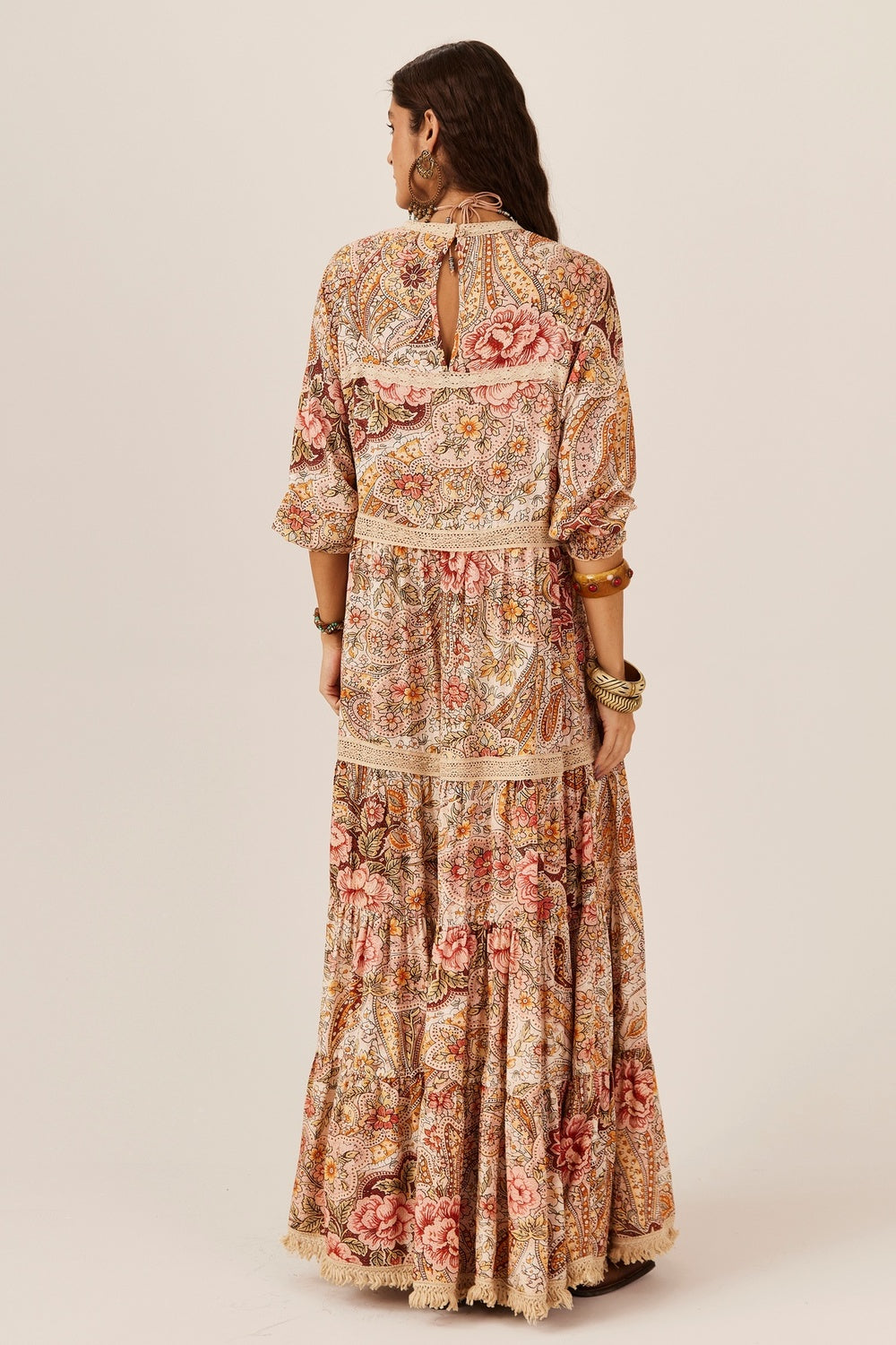 Long Dress with Lace Details Beige Paisley Print Yacamim C30