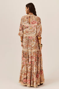 Long Dress with Lace Details Beige Paisley Print Yacamim C30