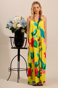 Yacamim C10 Yellow Printed Long Dress with Tie Straps