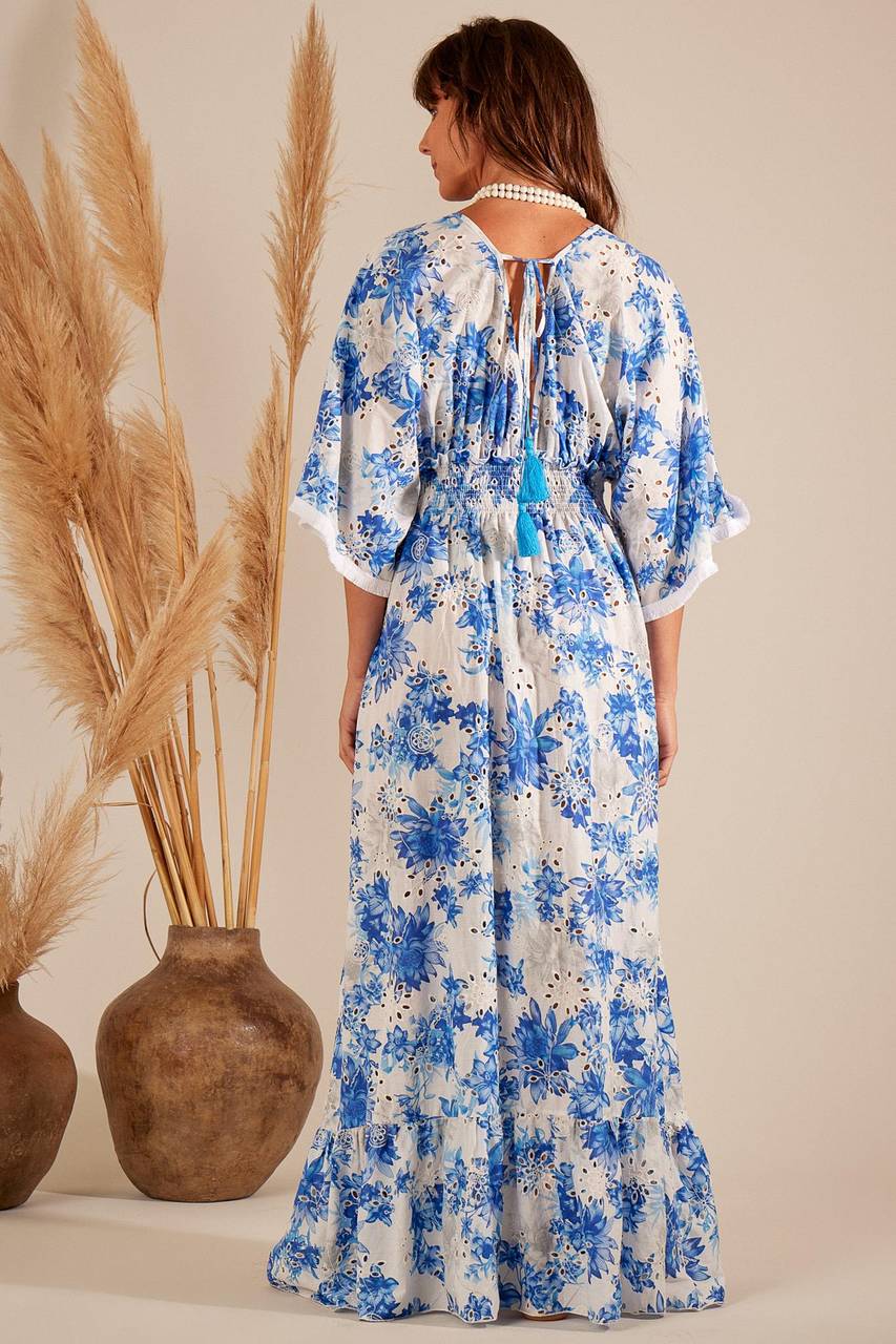 Yacamim White Broderie Long Dress with Blue Print