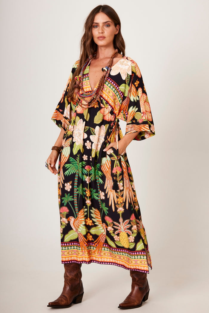 Black and Orange Midi Kaftan with Tropical Print Yacamim J4