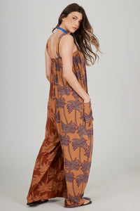 Yacamim O8 Brown Palazzo Jumpsuit with Patchwork Palm Tree Print