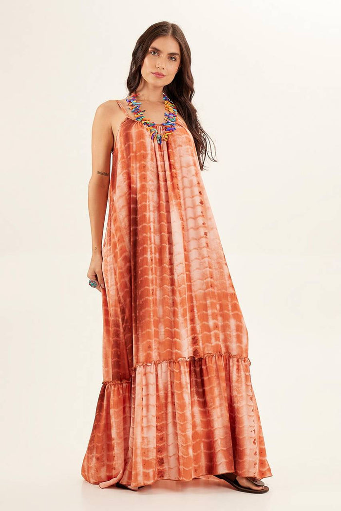 Yacamim Brown Tie-Dye Long Dress with Adjustable Straps