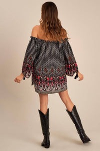 Yacamim Black Printed Boho Tunic with Long Puff Sleeves