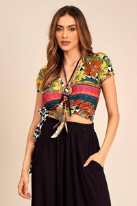 Cropped Short-Sleeved Wrap Top Yellow Printed Yacamim F12<br /><br />