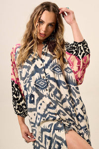 Yacamim Patchwork Print Off-White 3/4 Sleeve Loose Shirt
