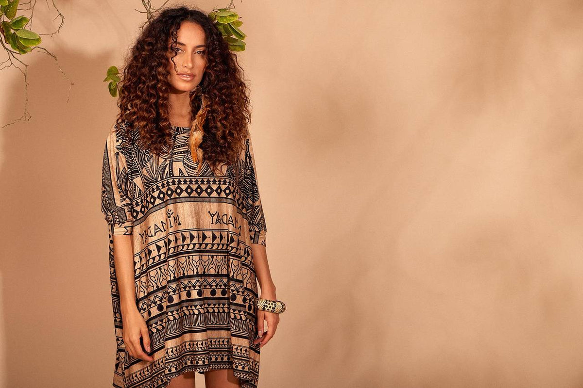 Brown Yacamim Loose Tunic with Short Sleeves and Maori Print