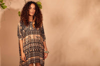 Brown Yacamim Loose Tunic with Short Sleeves and Maori Print