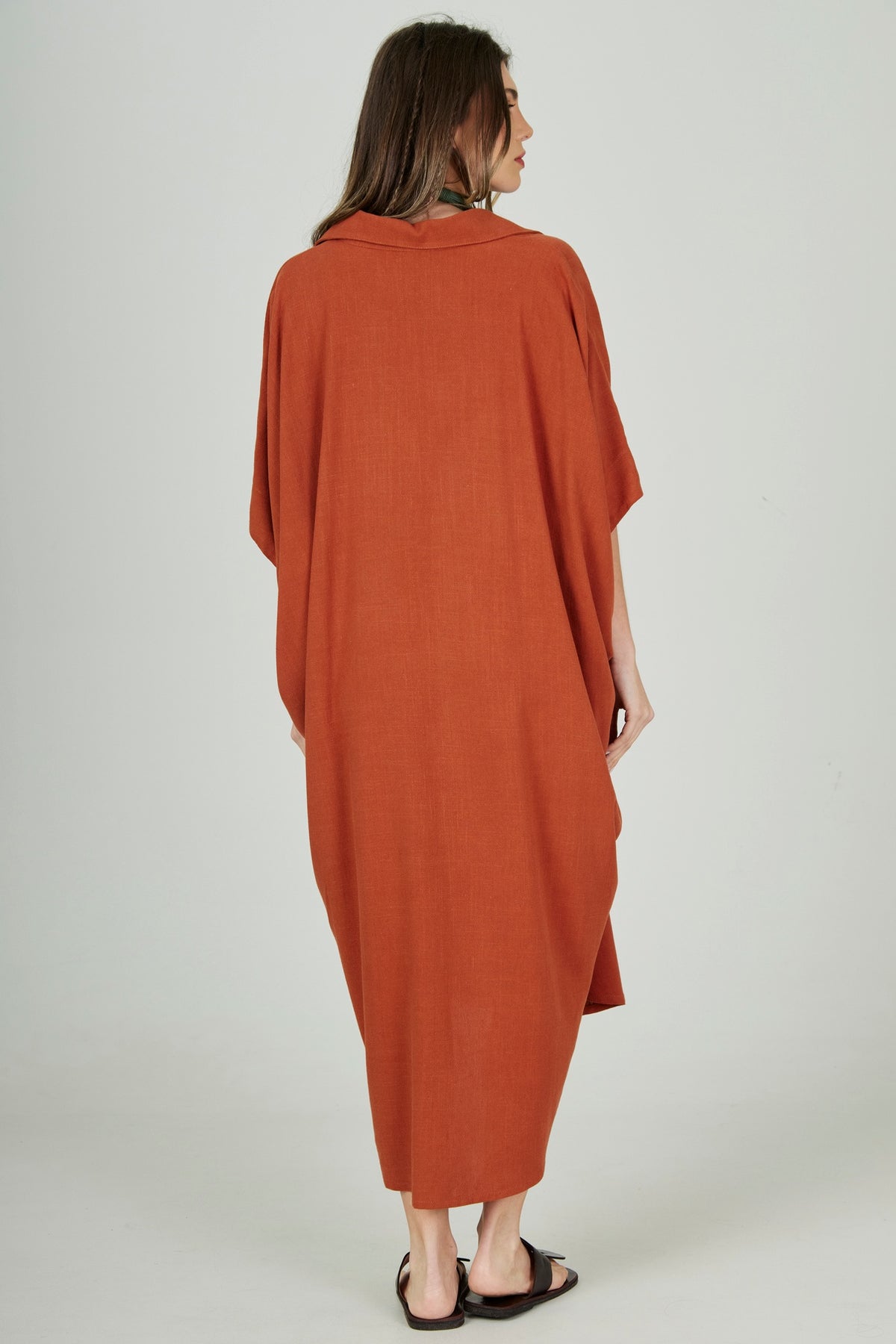 Yacamim Terracotta Viscose-Linen Midi Shirt L5