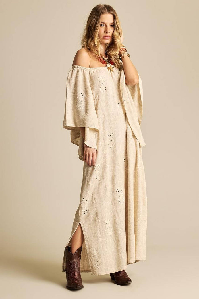Yacamim E22 Beige Broderie Linen Off-the-Shoulder Long Dress