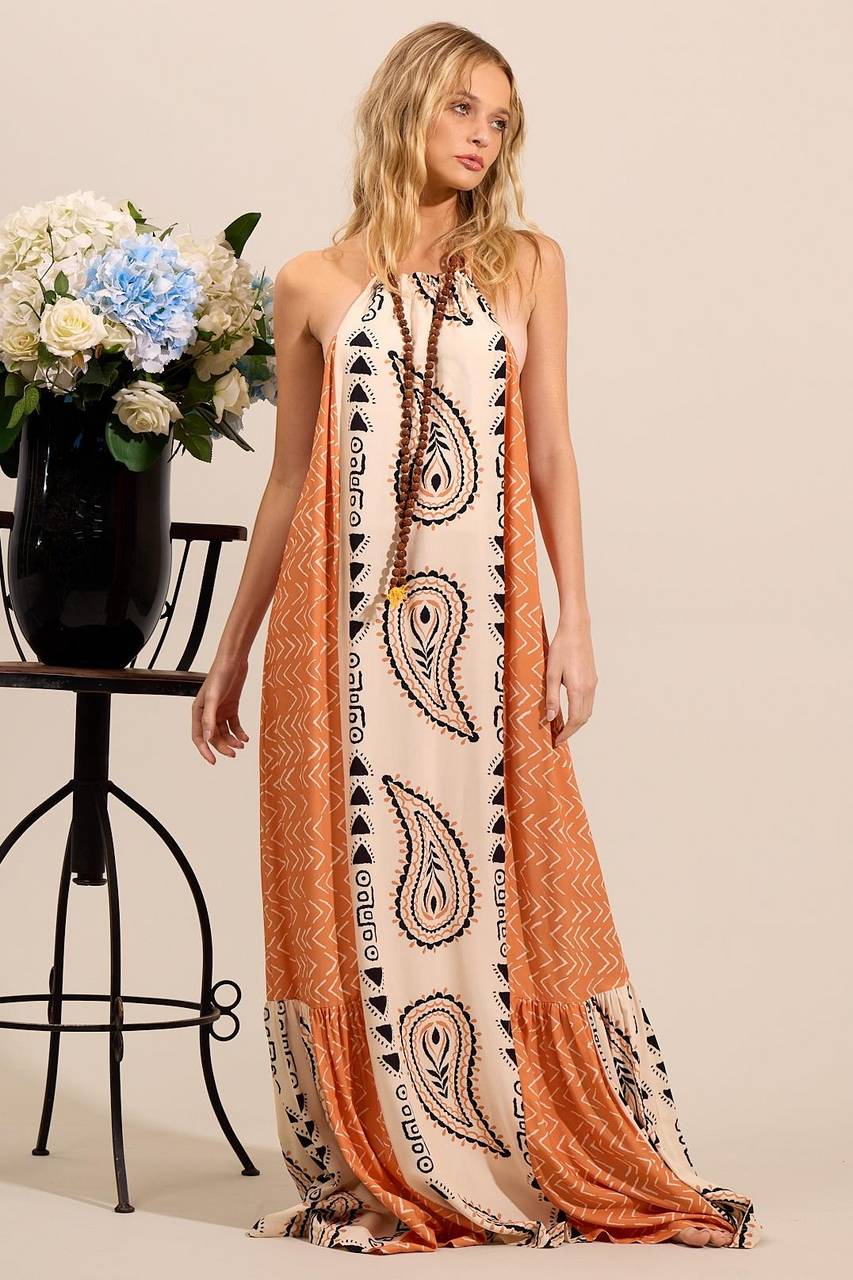 Yacamim Orange Paisley Print Halterneck Maxi Dress