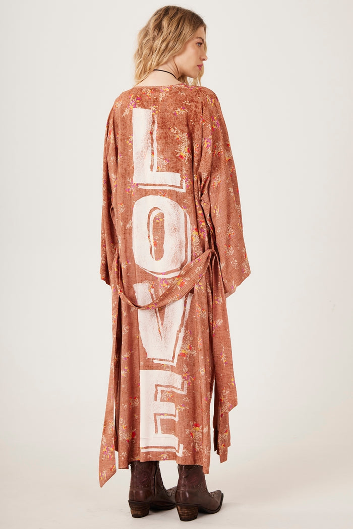 Yacamim J7 Light Brown Long Kimono with Love Print
