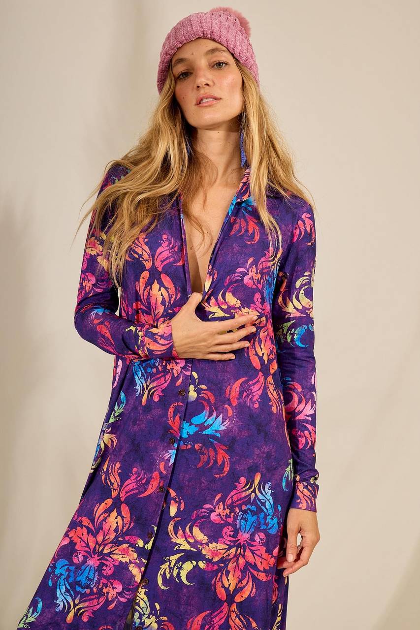 Yacamim Printed Purple Midi Dress with Fitted Long Sleeves